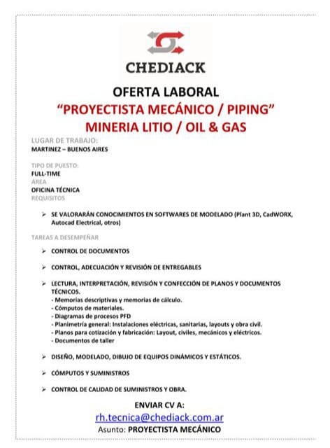 Oferta Laboral Proyectista / Mecánico/Piping Minería Litio/Oil & Gas